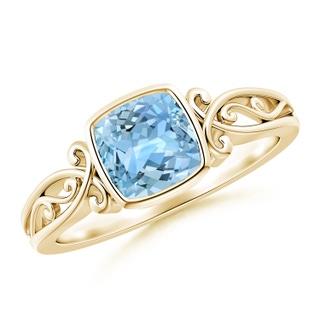 6mm AAAA Vintage Style Cushion Aquamarine Solitaire Ring in Yellow Gold