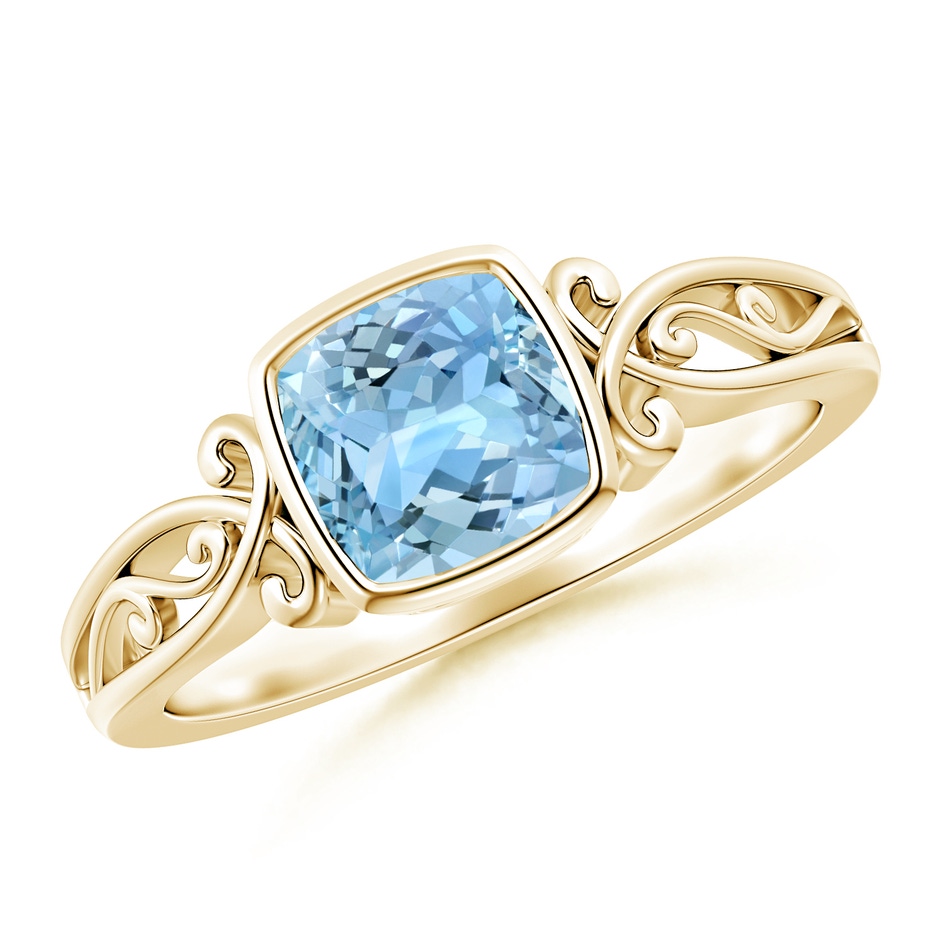 6mm AAAA Vintage Style Cushion Aquamarine Solitaire Ring in Yellow Gold 