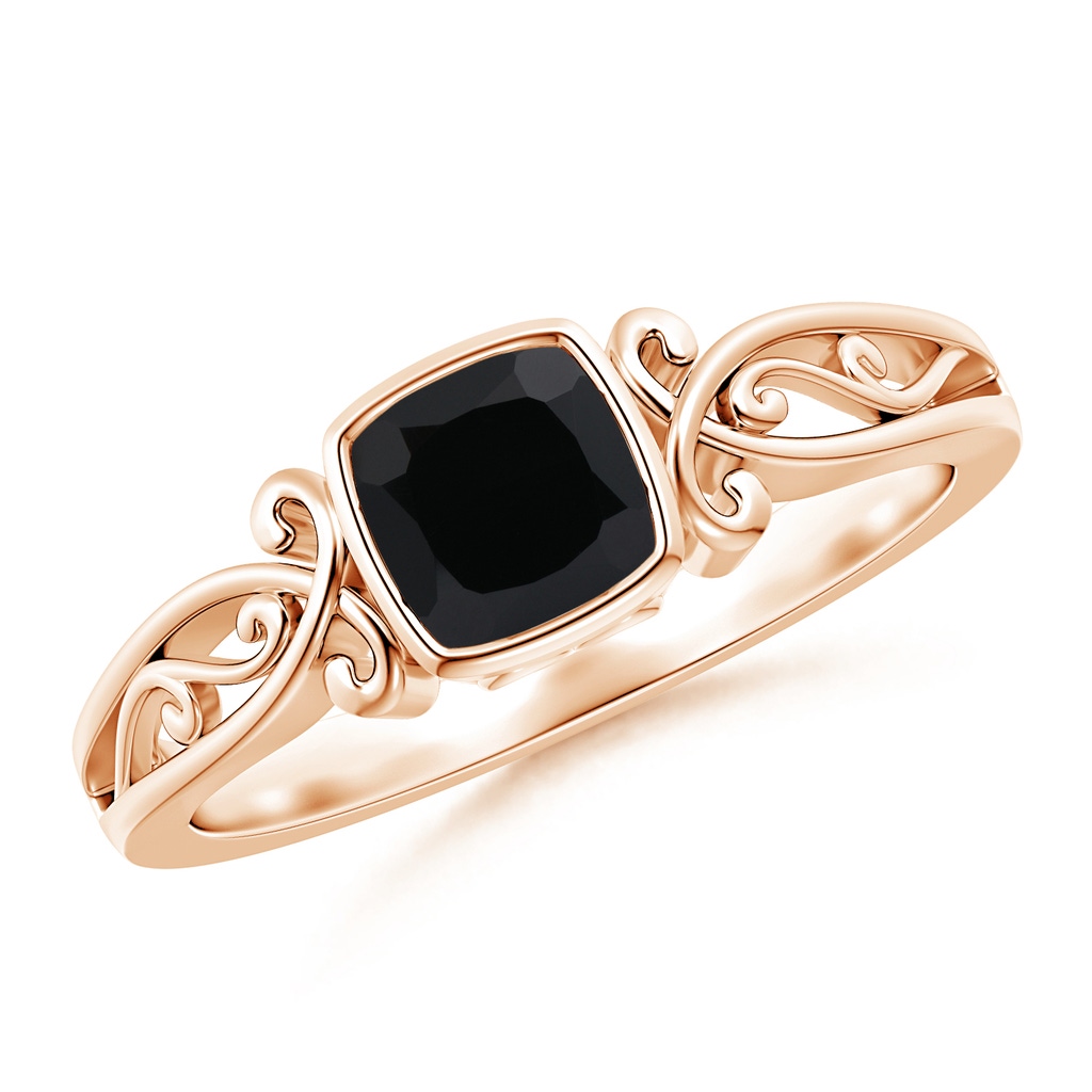 5mm AAA Vintage Style Cushion Black Onyx Solitaire Ring in Rose Gold