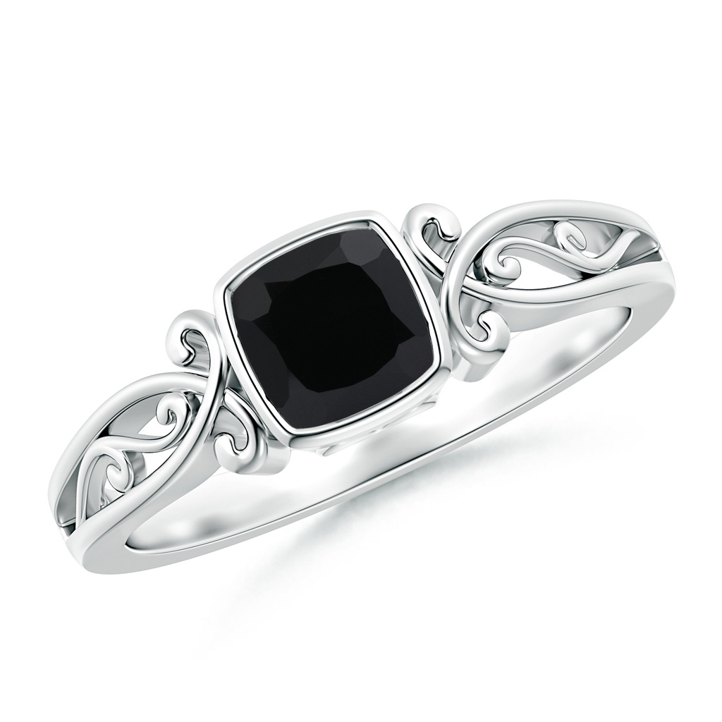 5mm AAA Vintage Style Cushion Black Onyx Solitaire Ring in White Gold