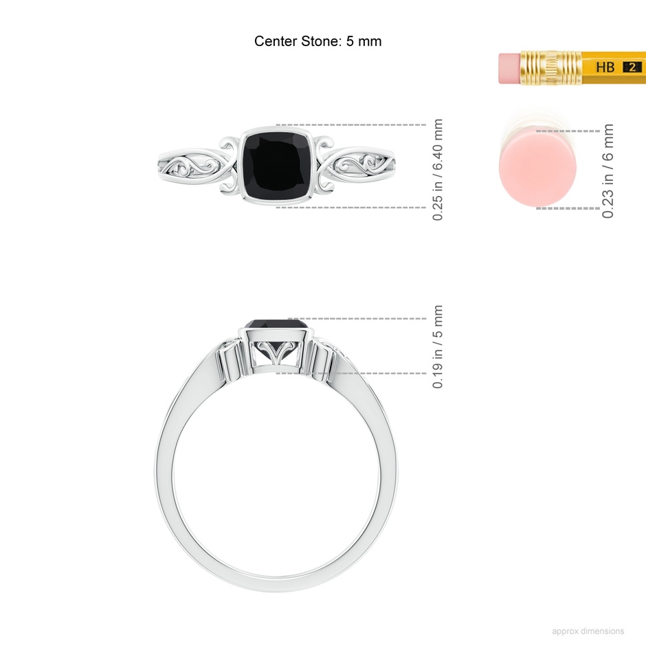 5mm AAA Vintage Style Cushion Black Onyx Solitaire Ring in White Gold ruler