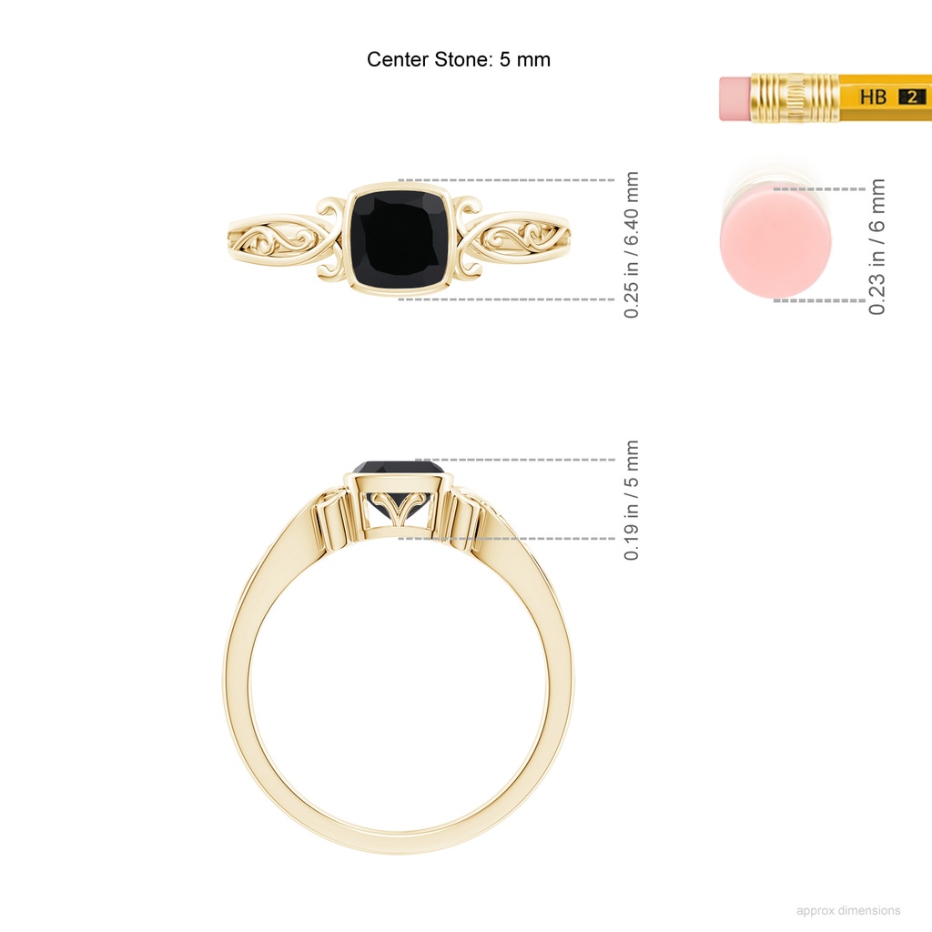 5mm AAA Vintage Style Cushion Black Onyx Solitaire Ring in Yellow Gold ruler