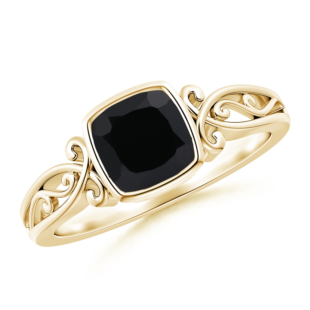 6mm AAA Vintage Style Cushion Black Onyx Solitaire Ring in Yellow Gold