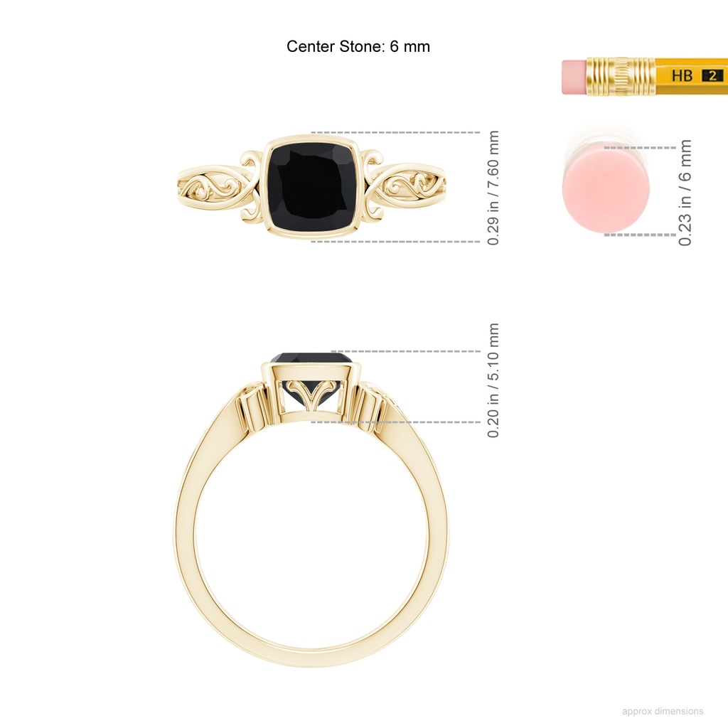 6mm AAA Vintage Style Cushion Black Onyx Solitaire Ring in Yellow Gold ruler