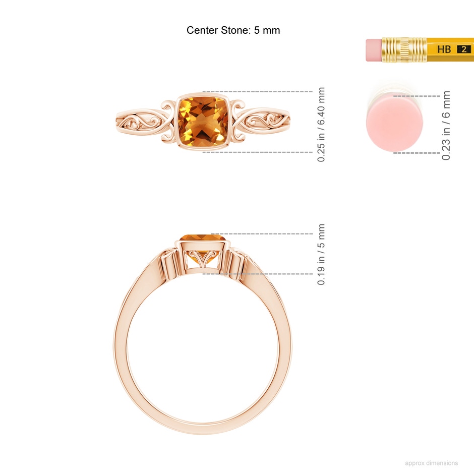 5mm AAA Vintage Style Cushion Citrine Solitaire Ring in Rose Gold ruler
