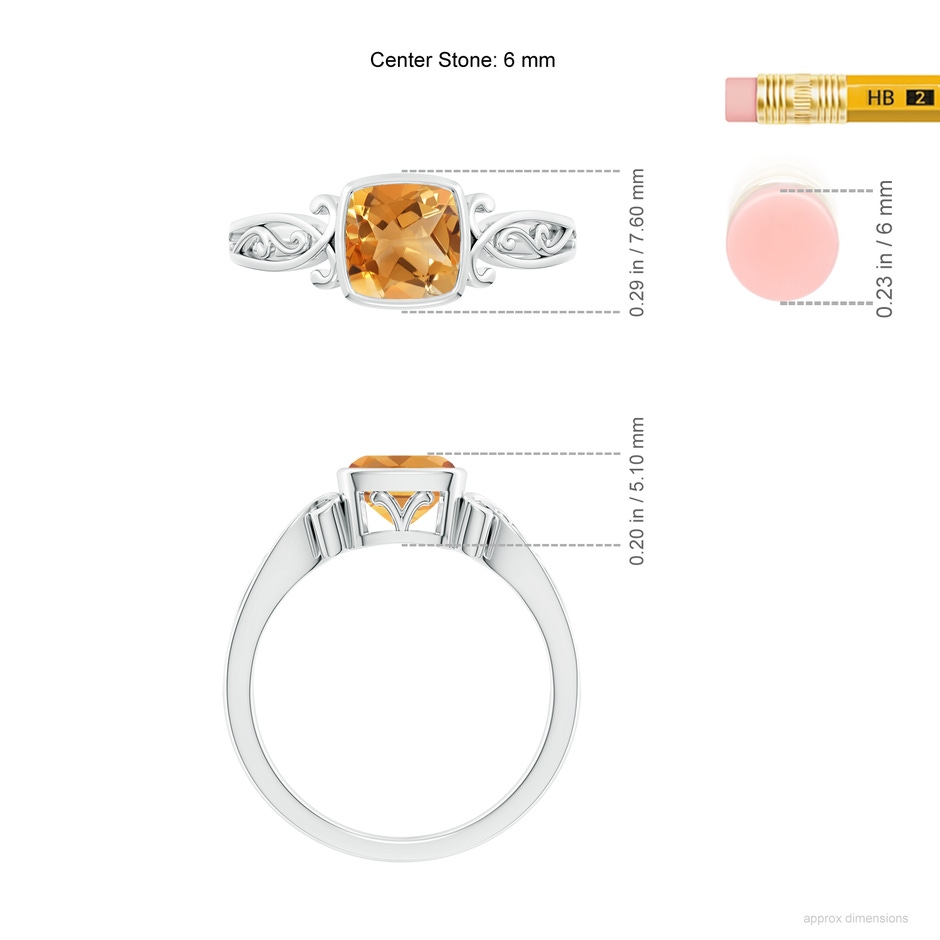6mm A Vintage Style Cushion Citrine Solitaire Ring in White Gold ruler