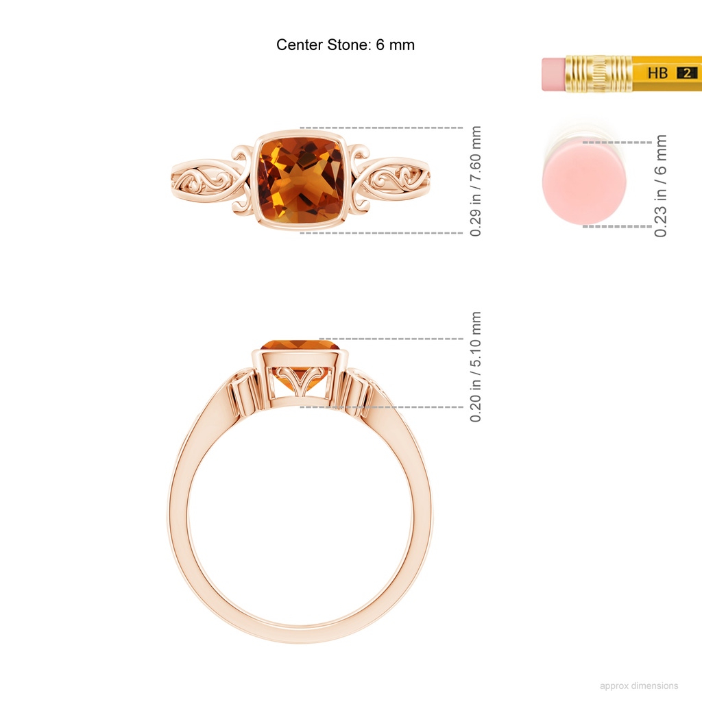 6mm AAAA Vintage Style Cushion Citrine Solitaire Ring in 10K Rose Gold ruler
