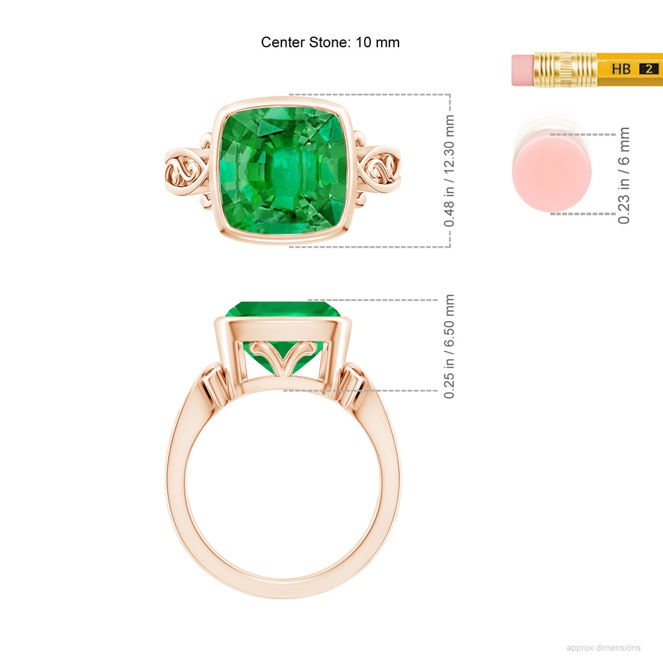10mm AAA Vintage Style Cushion Emerald Solitaire Ring in 18K Rose Gold ruler