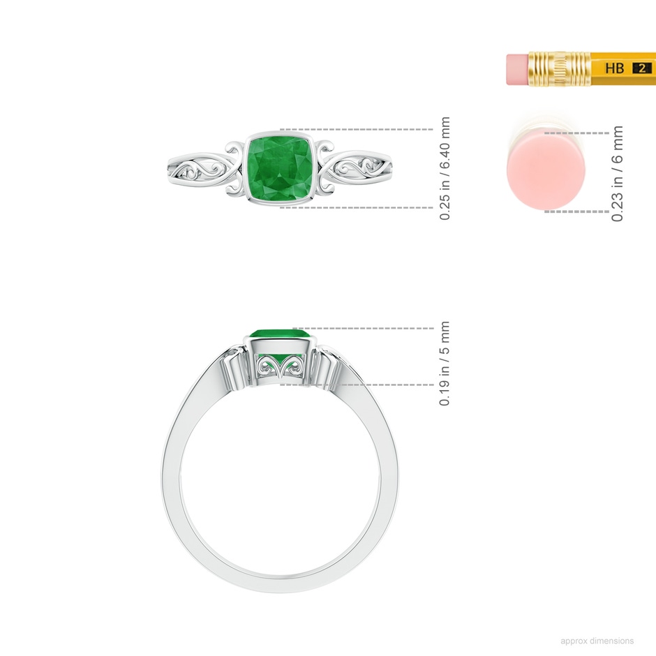 5mm A Vintage Style Cushion Emerald Solitaire Ring in White Gold ruler