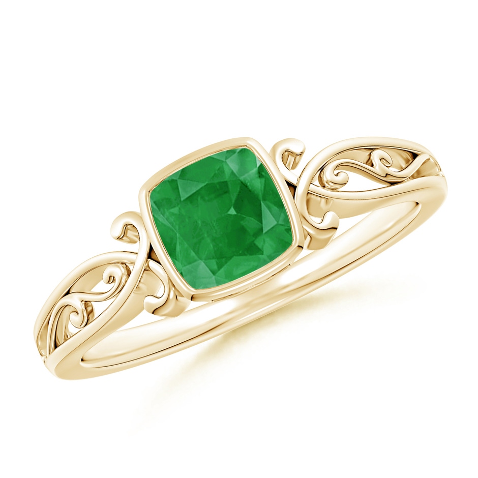 5mm A Vintage Style Cushion Emerald Solitaire Ring in Yellow Gold 