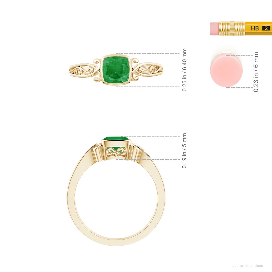 5mm A Vintage Style Cushion Emerald Solitaire Ring in Yellow Gold ruler