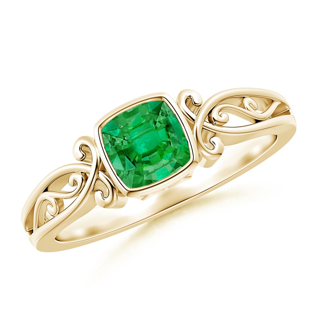 5mm AAA Vintage Style Cushion Emerald Solitaire Ring in 10K Yellow Gold