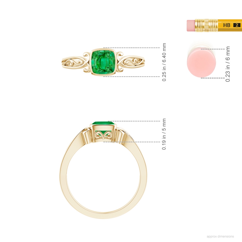 5mm AAA Vintage Style Cushion Emerald Solitaire Ring in 10K Yellow Gold ruler