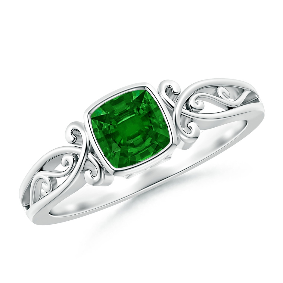 5mm AAAA Vintage Style Cushion Emerald Solitaire Ring in White Gold 