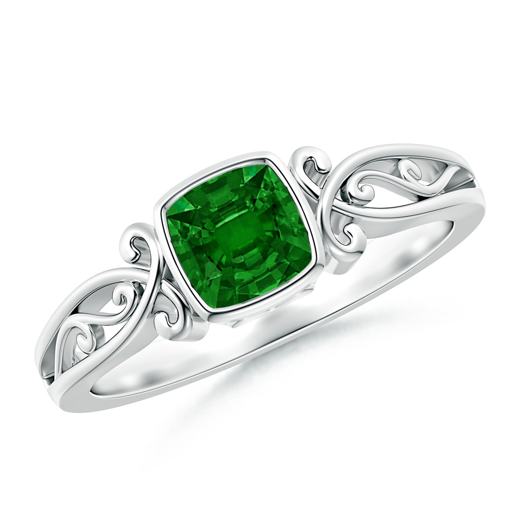 5mm AAAA Vintage Style Cushion Emerald Solitaire Ring in White Gold