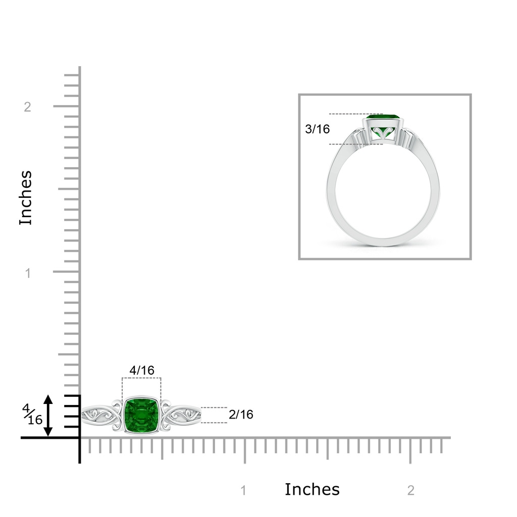 5mm AAAA Vintage Style Cushion Emerald Solitaire Ring in White Gold ruler