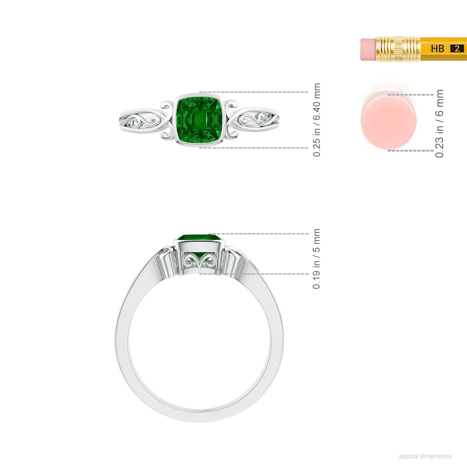 5mm AAAA Vintage Style Cushion Emerald Solitaire Ring in White Gold - ruler