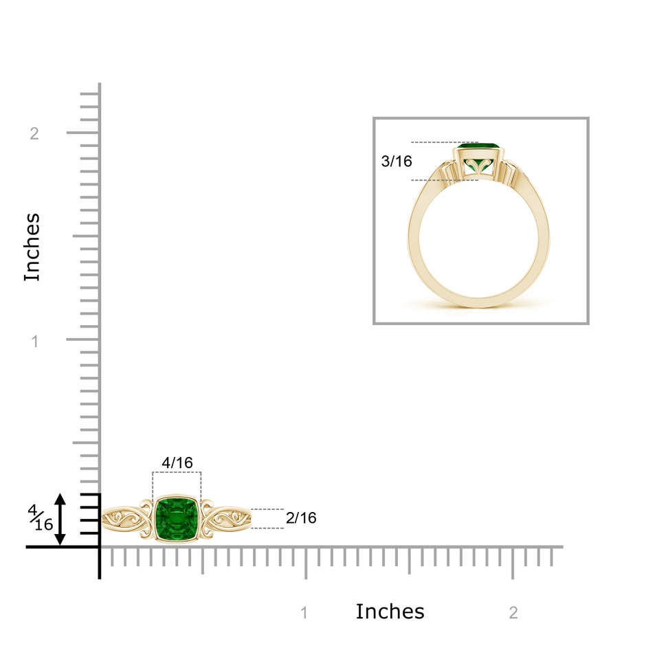 5mm AAAA Vintage Style Cushion Emerald Solitaire Ring in Yellow Gold ruler