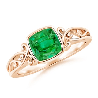 6mm AAA Vintage Style Cushion Emerald Solitaire Ring in 18K Rose Gold