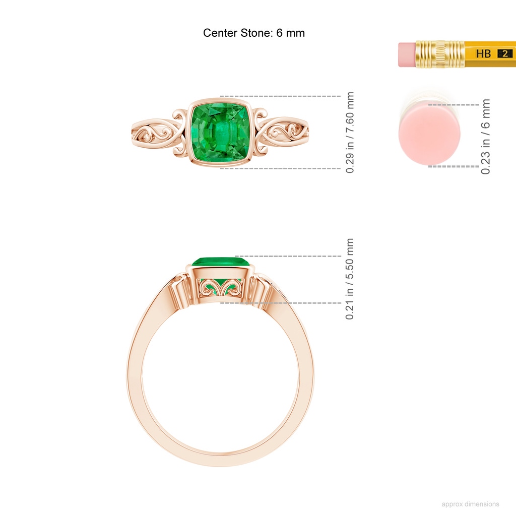 6mm AAA Vintage Style Cushion Emerald Solitaire Ring in Rose Gold ruler