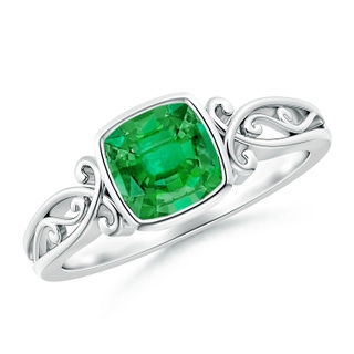 6mm AAA Vintage Style Cushion Emerald Solitaire Ring in White Gold