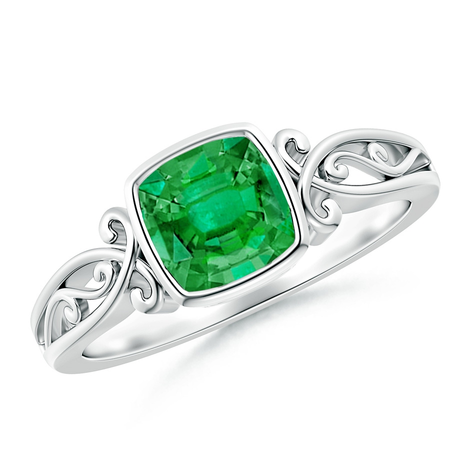 6mm AAA Vintage Style Cushion Emerald Solitaire Ring in White Gold 