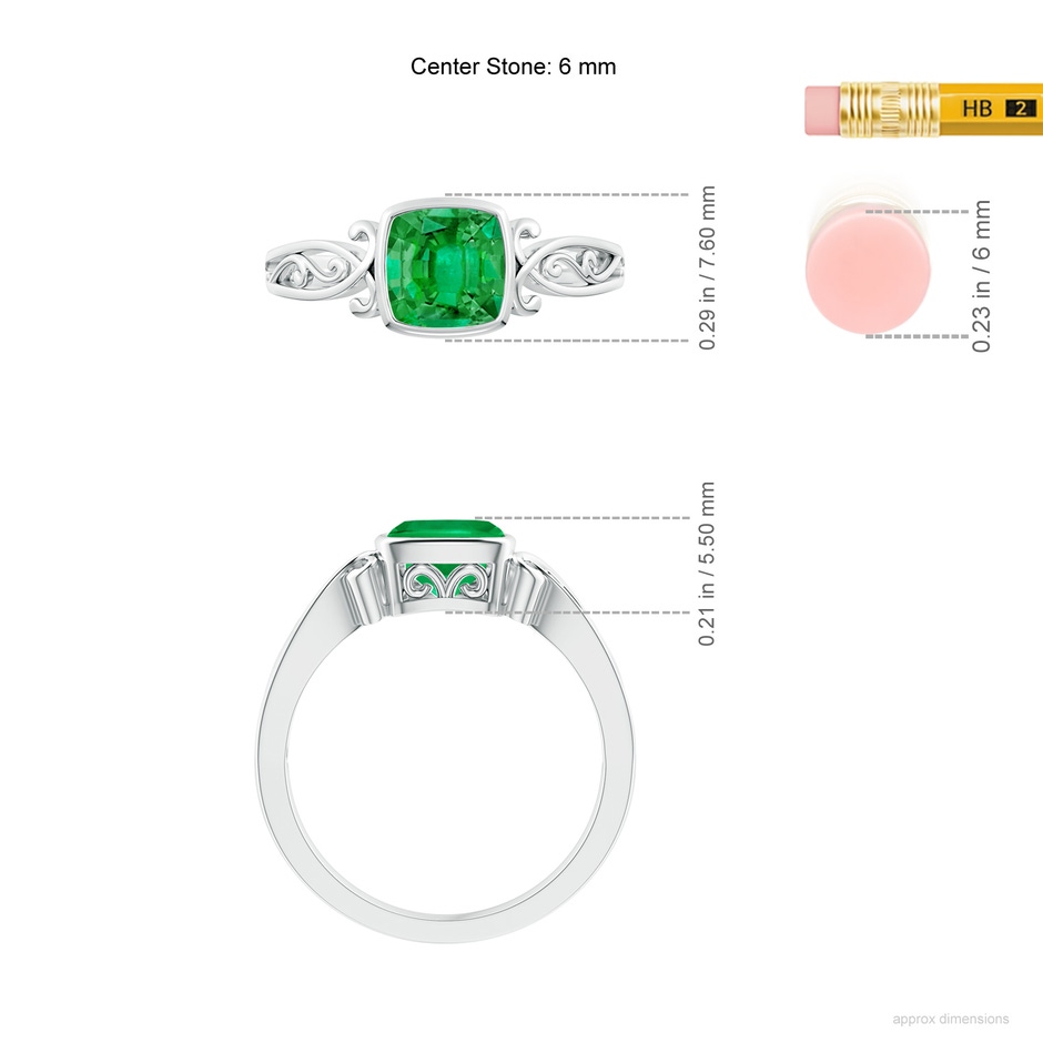 6mm AAA Vintage Style Cushion Emerald Solitaire Ring in White Gold ruler