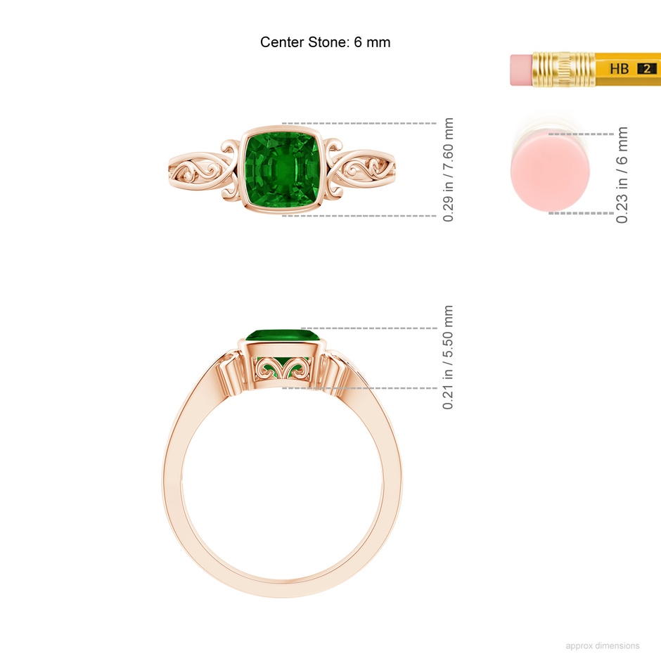 6mm AAAA Vintage Style Cushion Emerald Solitaire Ring in 18K Rose Gold ruler