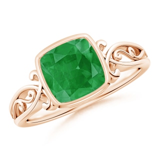 7mm A Vintage Style Cushion Emerald Solitaire Ring in Rose Gold