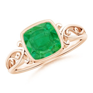 7mm AA Vintage Style Cushion Emerald Solitaire Ring in 18K Rose Gold