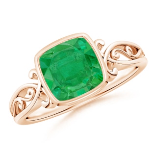 7mm AA Vintage Style Cushion Emerald Solitaire Ring in Rose Gold