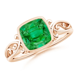 7mm AAA Vintage Style Cushion Emerald Solitaire Ring in 18K Rose Gold