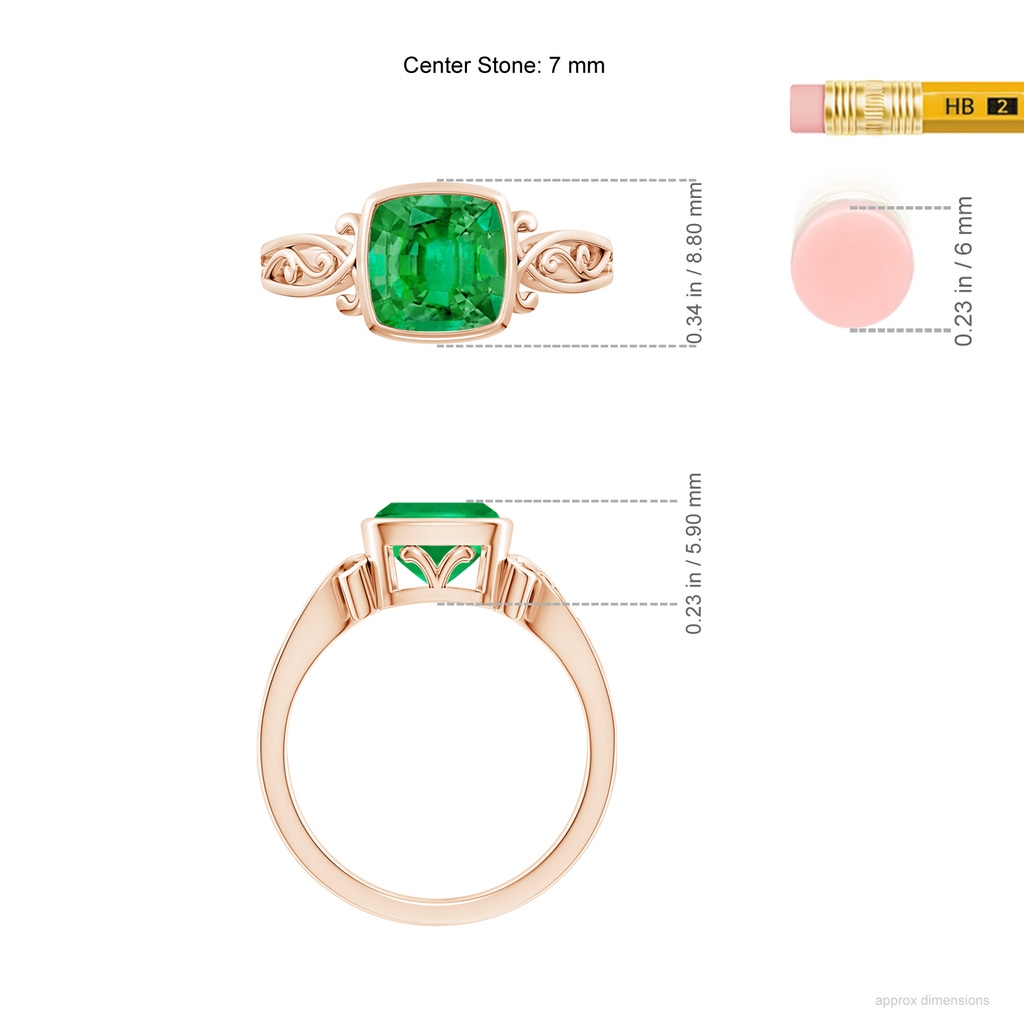 7mm AAA Vintage Style Cushion Emerald Solitaire Ring in Rose Gold ruler
