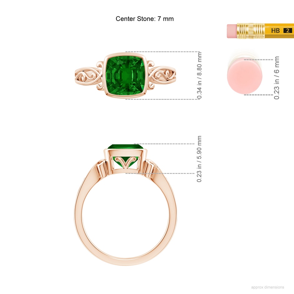 7mm AAAA Vintage Style Cushion Emerald Solitaire Ring in 18K Rose Gold ruler