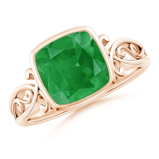 8mm A Vintage Style Cushion Emerald Solitaire Ring in Rose Gold