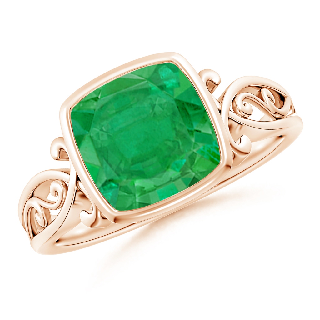 8mm AA Vintage Style Cushion Emerald Solitaire Ring in Rose Gold 