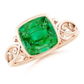 8mm AAA Vintage Style Cushion Emerald Solitaire Ring in 18K Rose Gold