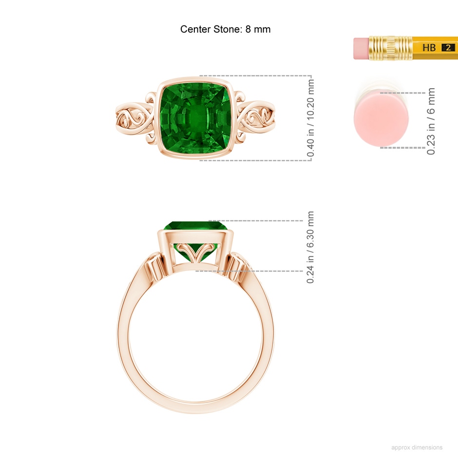 8mm AAAA Vintage Style Cushion Emerald Solitaire Ring in Rose Gold ruler