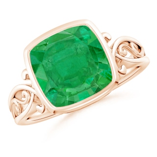 9mm AA Vintage Style Cushion Emerald Solitaire Ring in Rose Gold