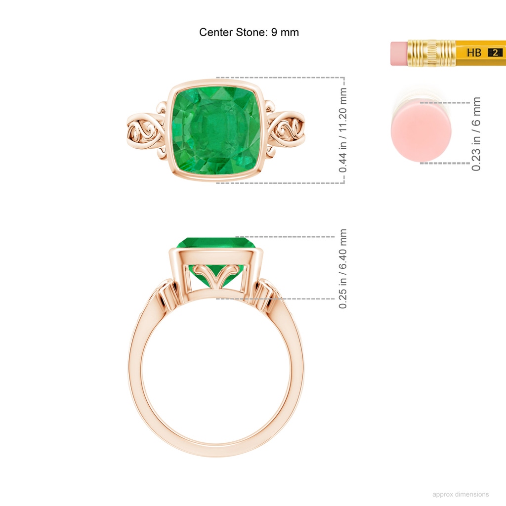 9mm AA Vintage Style Cushion Emerald Solitaire Ring in Rose Gold ruler