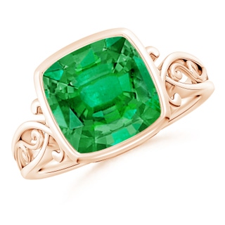 9mm AAA Vintage Style Cushion Emerald Solitaire Ring in 18K Rose Gold