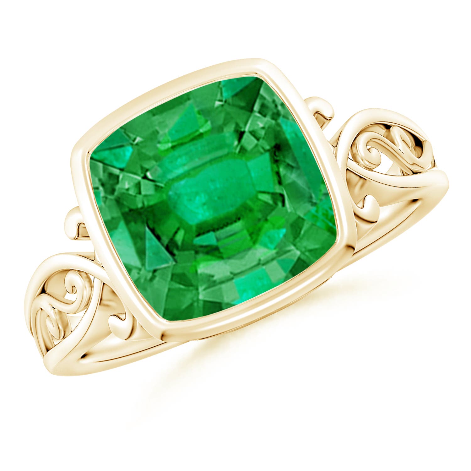 9mm AAA Vintage Style Cushion Emerald Solitaire Ring in 18K Yellow Gold