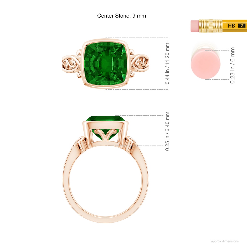 9mm AAAA Vintage Style Cushion Emerald Solitaire Ring in Rose Gold ruler