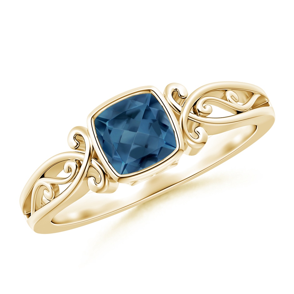 5mm A Vintage Style Cushion London Blue Topaz Solitaire Ring in Yellow Gold 