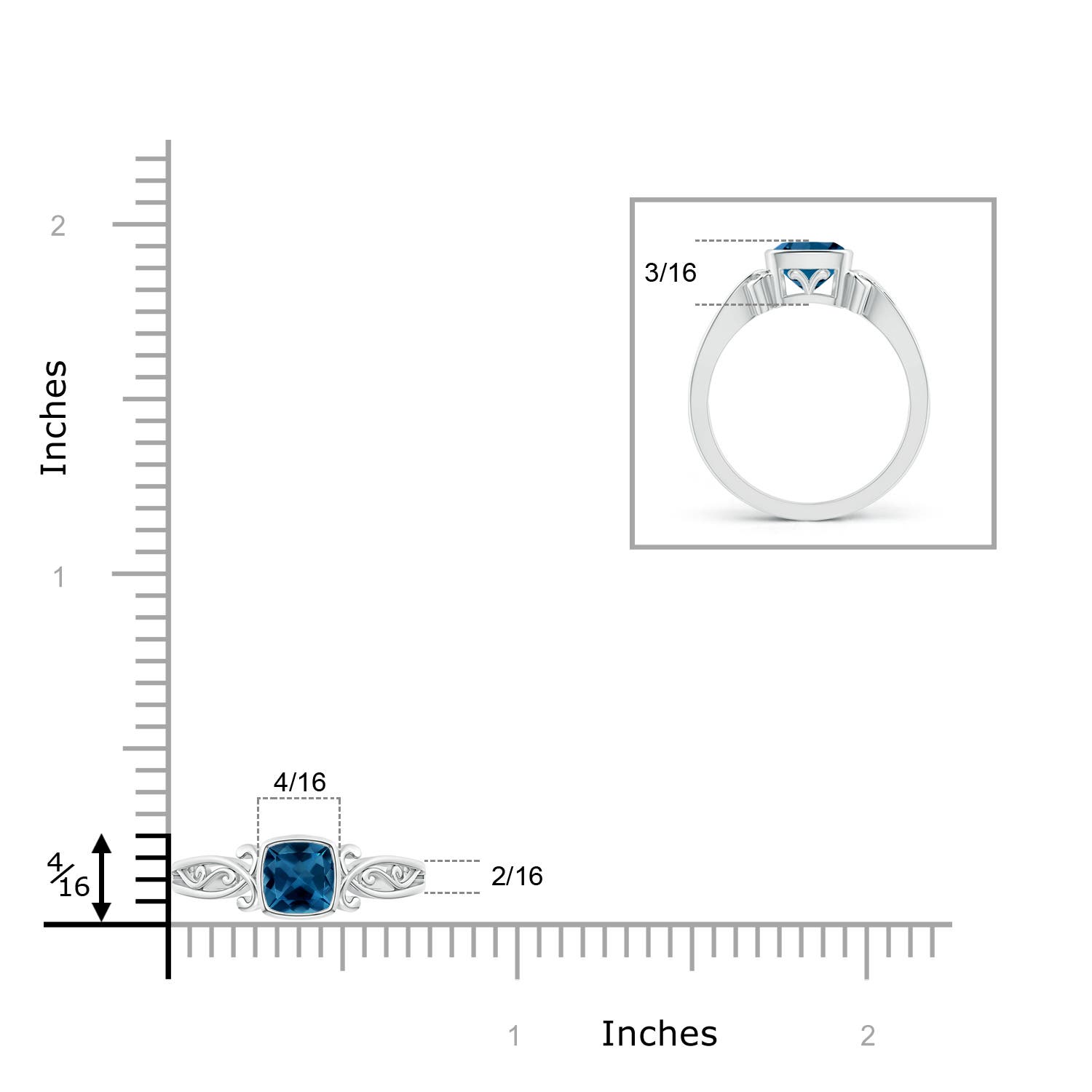 5mm AAA Vintage Style Cushion London Blue Topaz Solitaire Ring in P950 Platinum - ruler