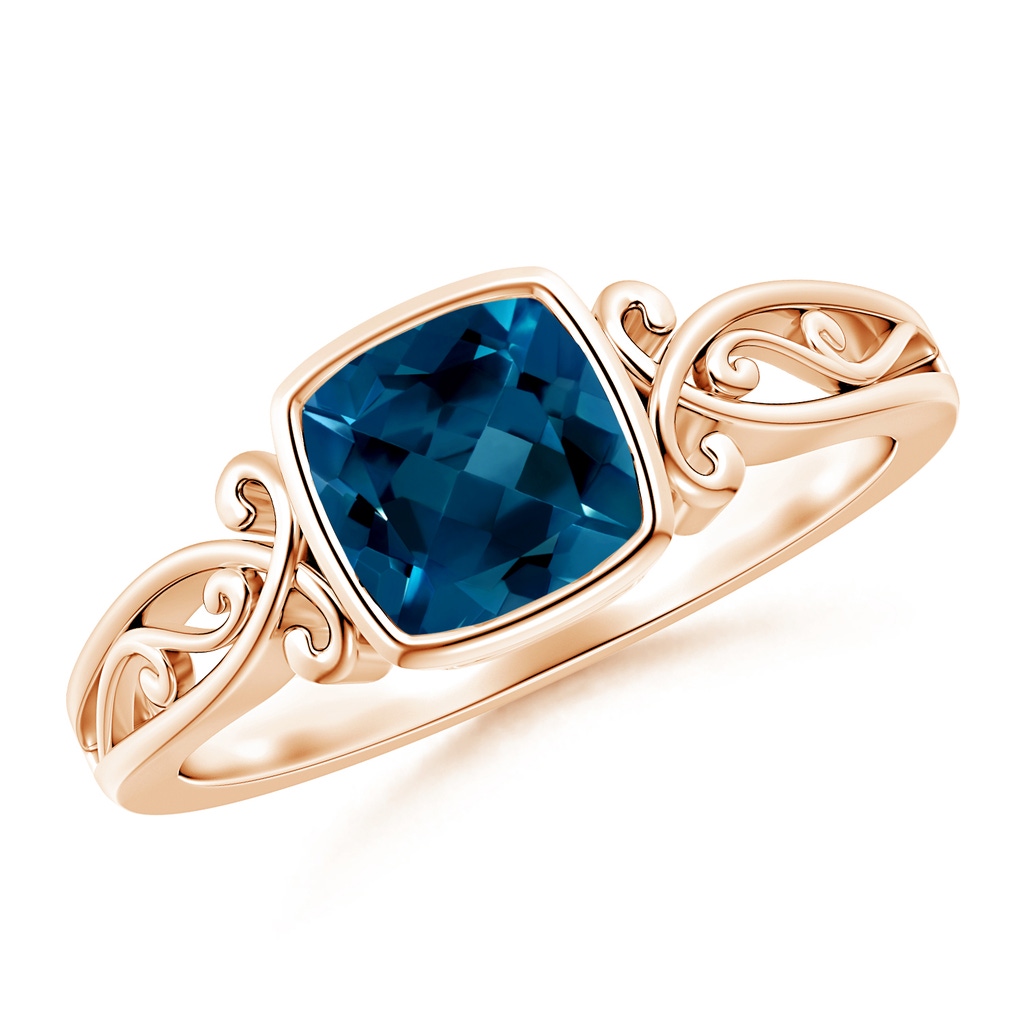 6mm AAAA Vintage Style Cushion London Blue Topaz Solitaire Ring in Rose Gold
