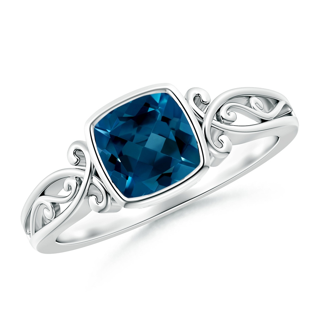 6mm AAAA Vintage Style Cushion London Blue Topaz Solitaire Ring in White Gold