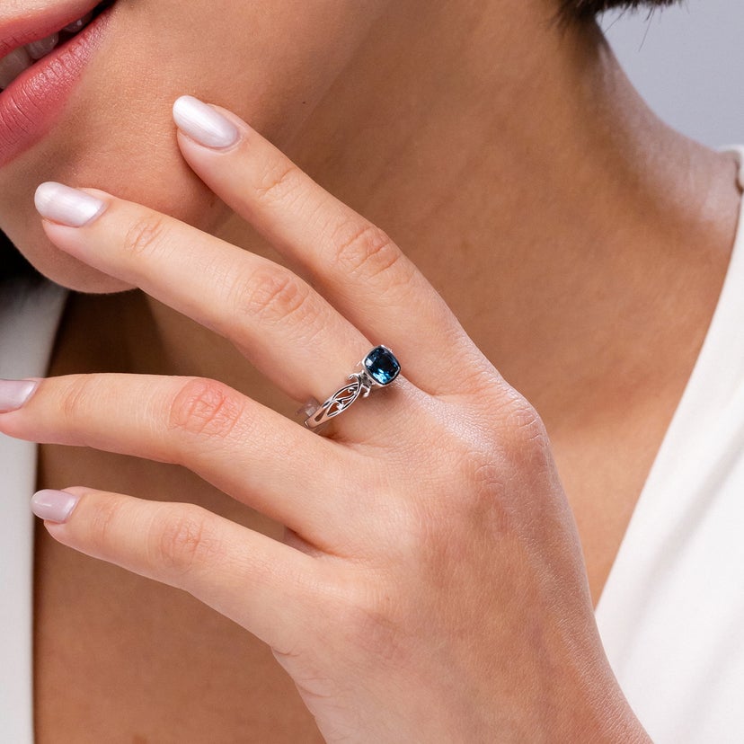 Vintage Cushion Cut London Blue Topaz Solitaire Ring - 6mm Gemstone In Platinum Bezel Setting, 14k White Gold 5 thumbnail image