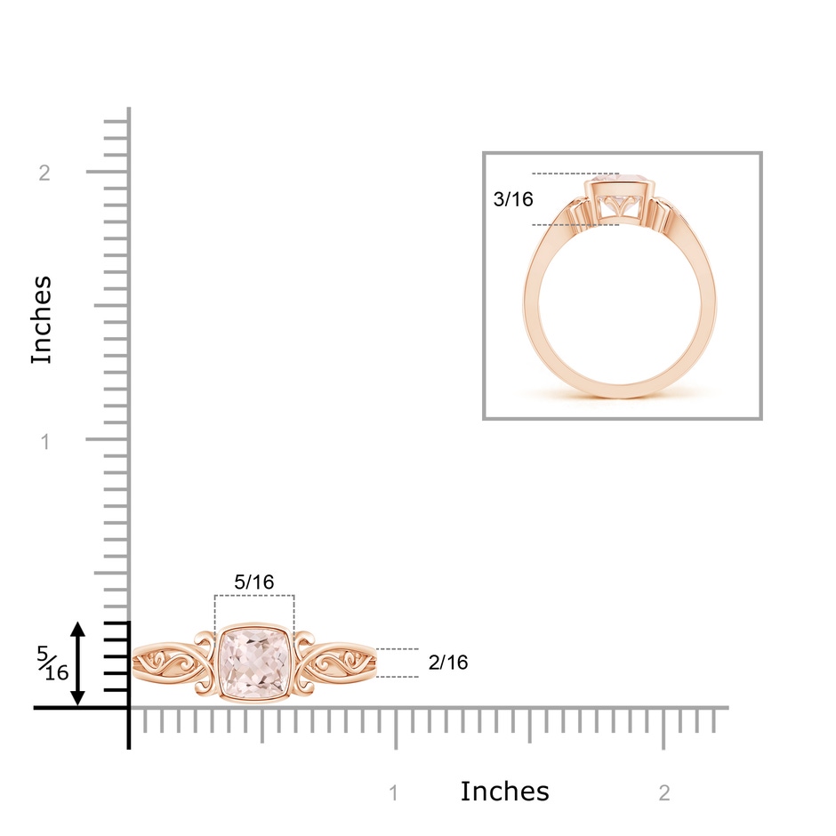 6mm A Vintage Style Cushion Morganite Solitaire Ring in Rose Gold ruler