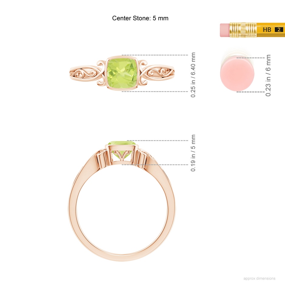 5mm A Vintage Style Cushion Peridot Solitaire Ring in 9K Rose Gold ruler